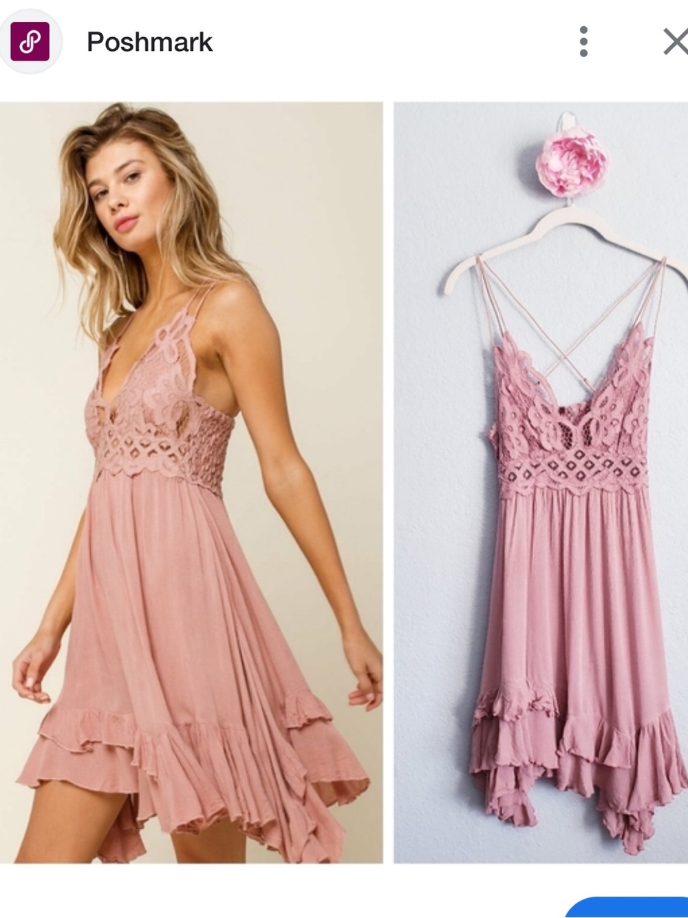 NWT Free People Rose Adella Pink Lace-Trim High-Low Slip Dress Women’s Small